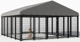 120"x119" Dog Kennel Outside, Large Outdoor Dog Kennel with Feeding Door and Double Lock, Heavy-Duty Weatherproof Dog Cage and Dog Fence with Roof, Outdoor House Playpen for Large Dogs, Easy Assembly
