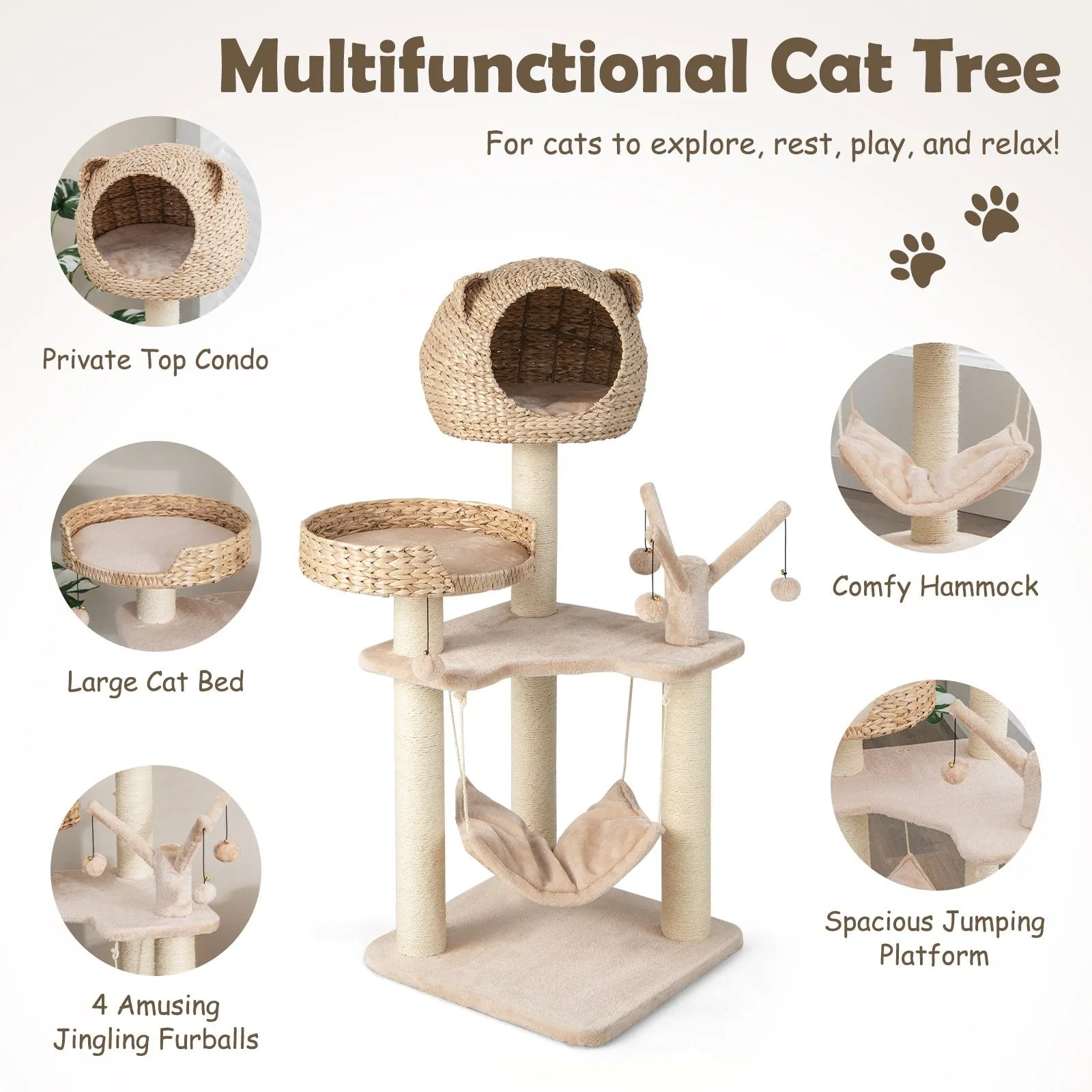 121 CM Tall Cat Tree Tower with Cattail Fluff Cat Condo-Natural