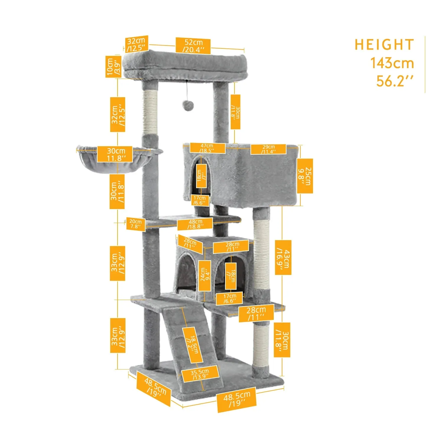 143cm Extra-Large Perch Cat Tree Tower with Dual Condos, Hammock, Pompom Toy, Scratching Posts