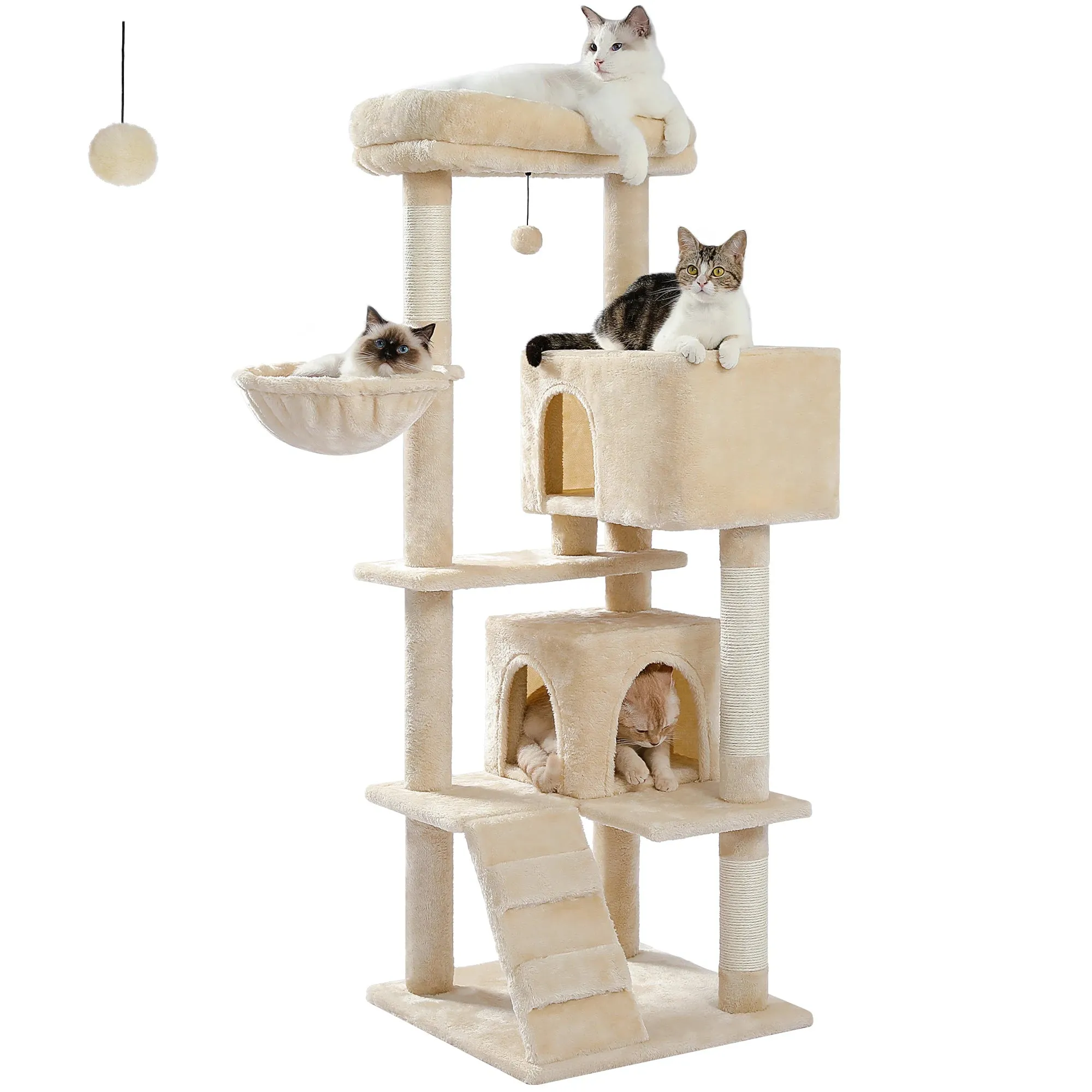 143cm Extra-Large Perch Cat Tree Tower with Dual Condos, Hammock, Pompom Toy, Scratching Posts
