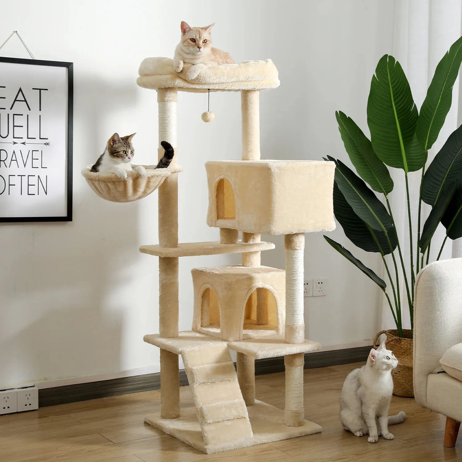 143cm Extra-Large Perch Cat Tree Tower with Dual Condos, Hammock, Pompom Toy, Scratching Posts