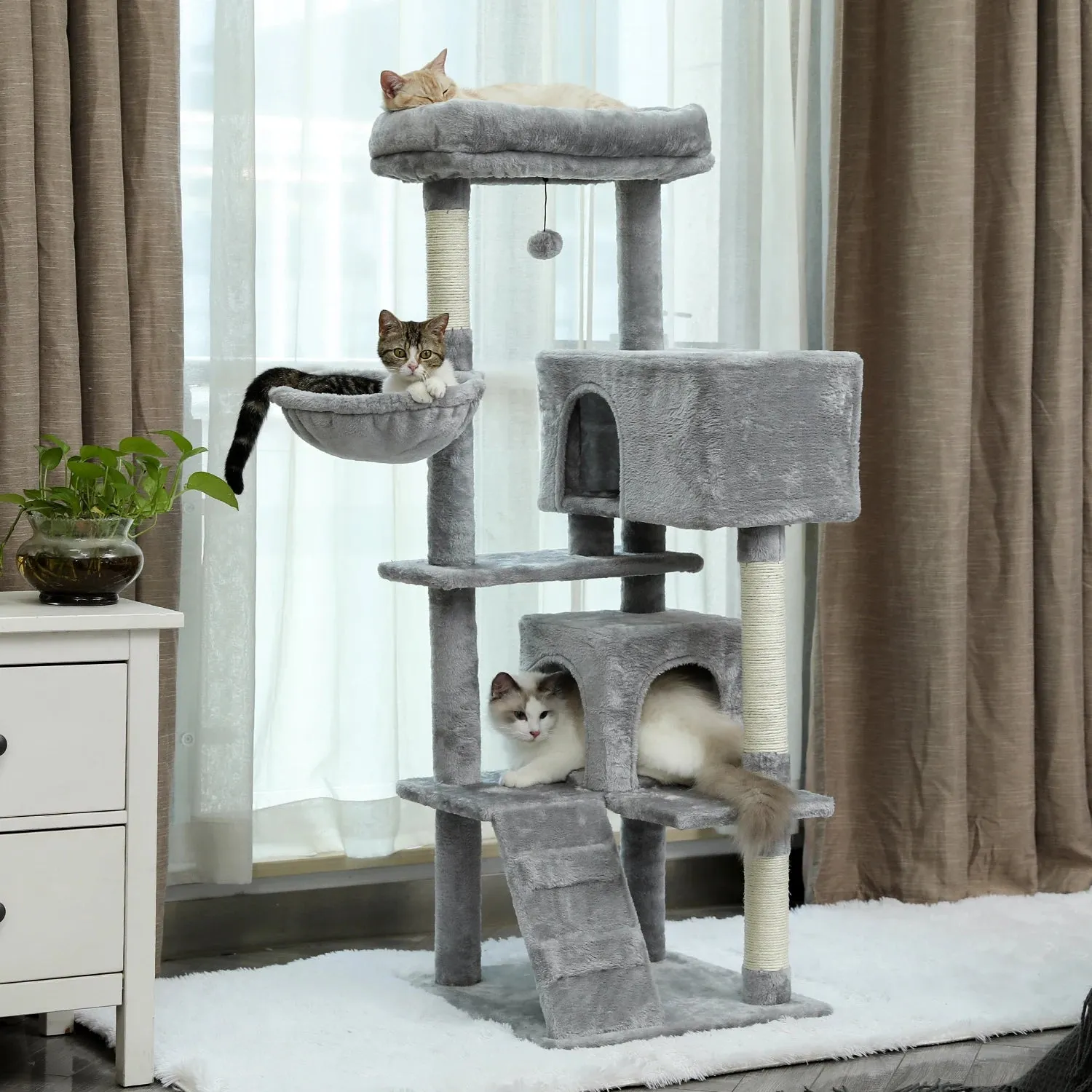 143cm Extra-Large Perch Cat Tree Tower with Dual Condos, Hammock, Pompom Toy, Scratching Posts