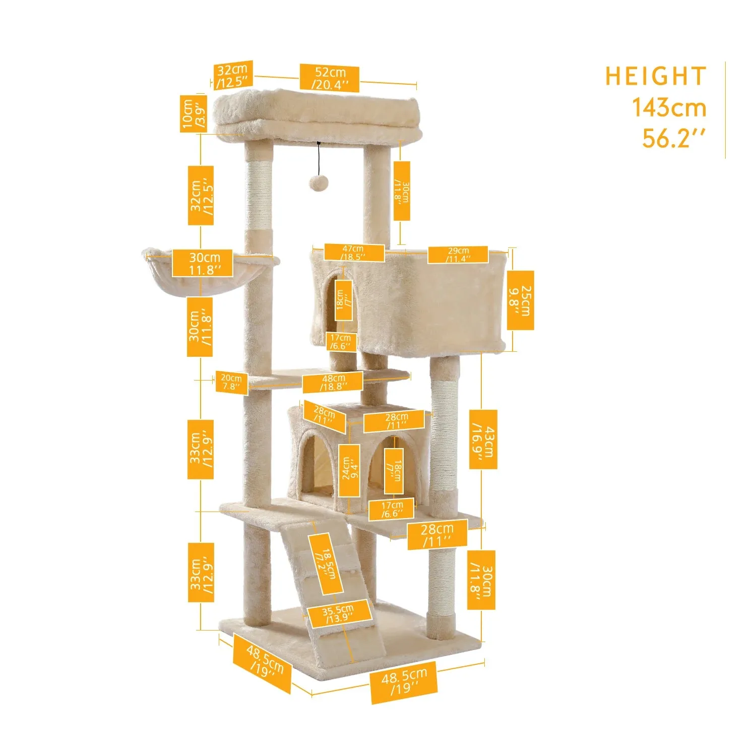 143cm Extra-Large Perch Cat Tree Tower with Dual Condos, Hammock, Pompom Toy, Scratching Posts