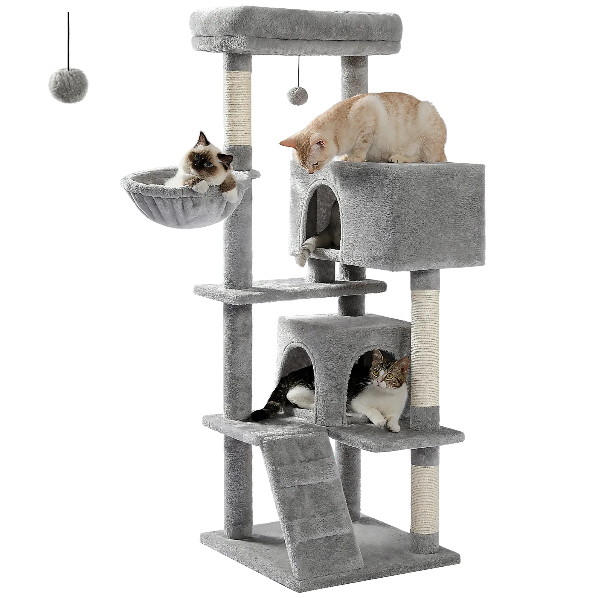 143cm Extra-Large Perch Cat Tree Tower with Dual Condos, Hammock, Pompom Toy, Scratching Posts