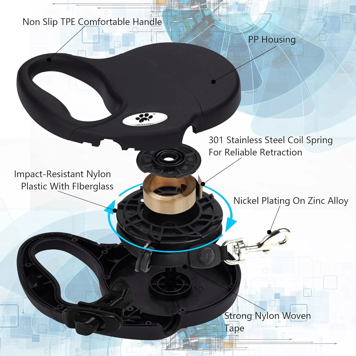 16 ft Retractable Dog Leash for Large Dogs up to 110 lbs,Tangle-Free Nylon Tape,Black L