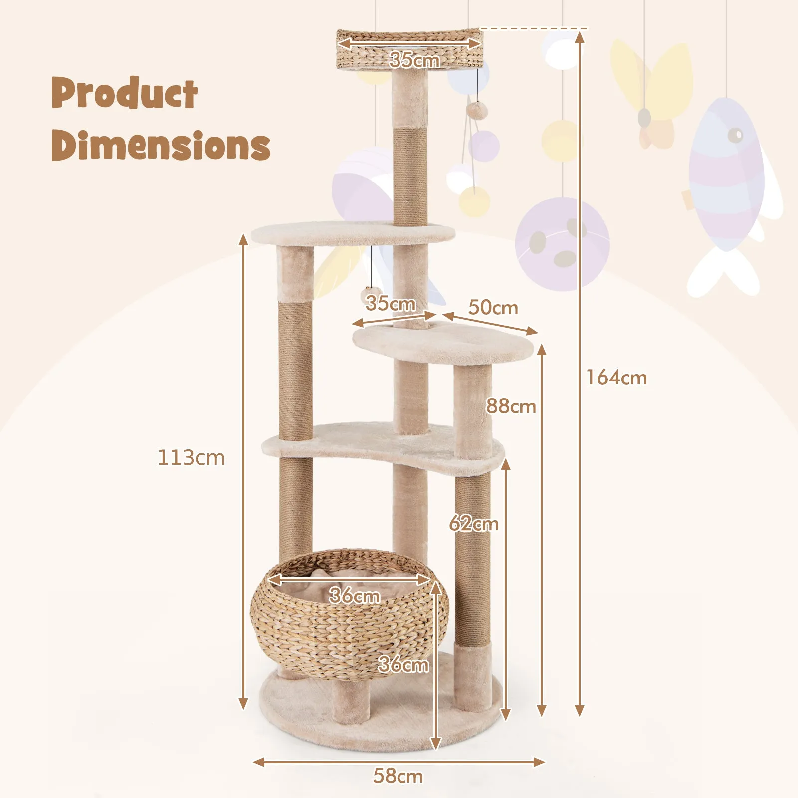 164 cm Cat Tree with Jute Scratching Posts and Dangling Balls-Beige