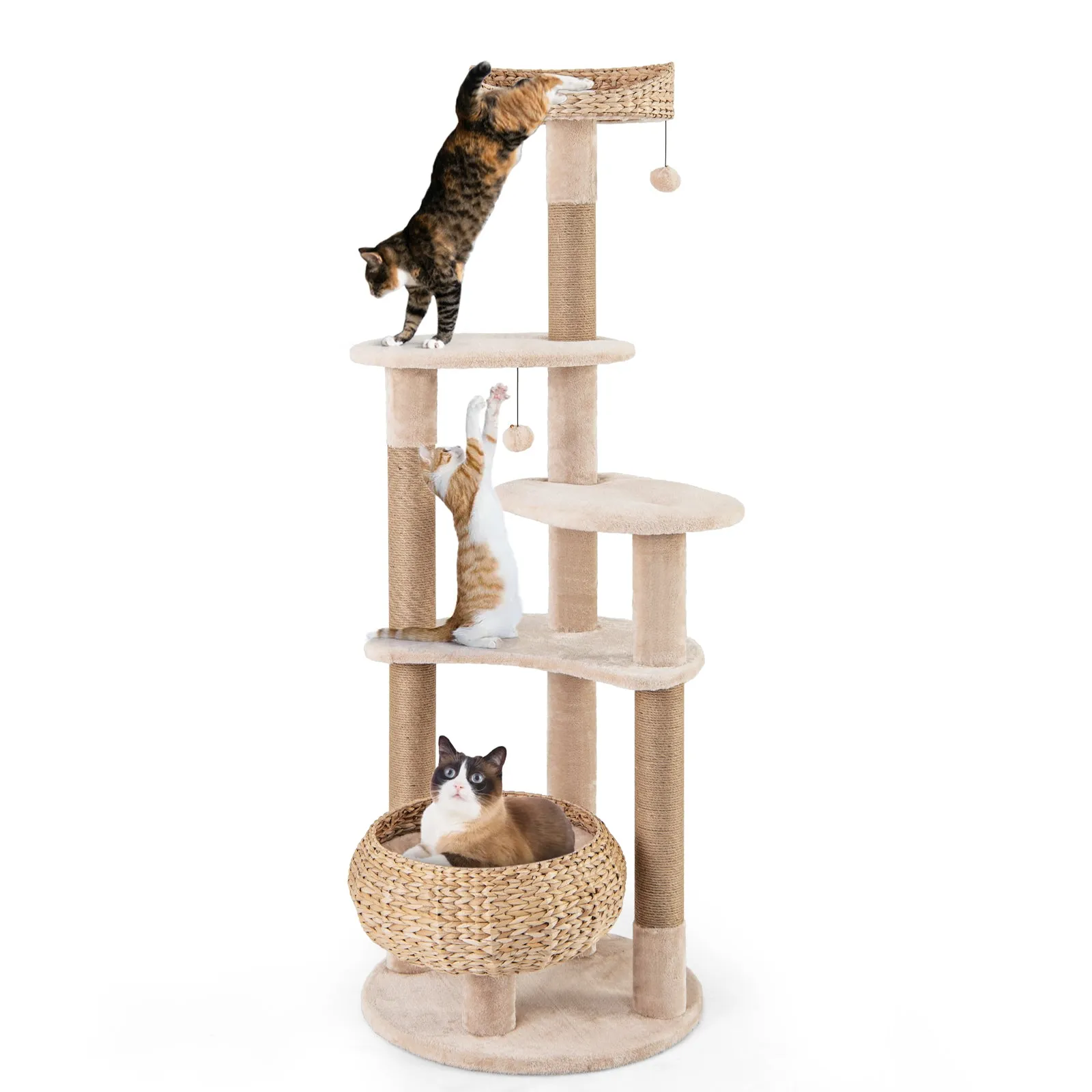 164 cm Cat Tree with Jute Scratching Posts and Dangling Balls-Beige