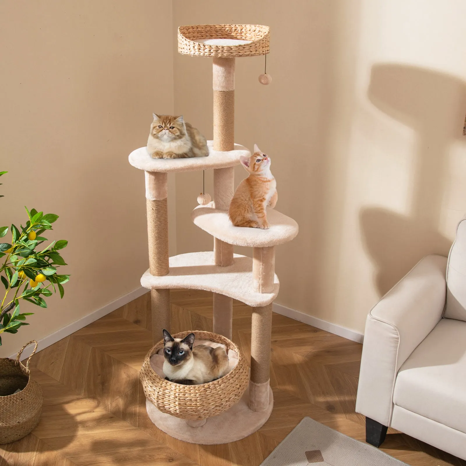 164 cm Cat Tree with Jute Scratching Posts and Dangling Balls-Beige