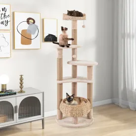 164 cm Cat Tree with Jute Scratching Posts and Dangling Balls-Beige