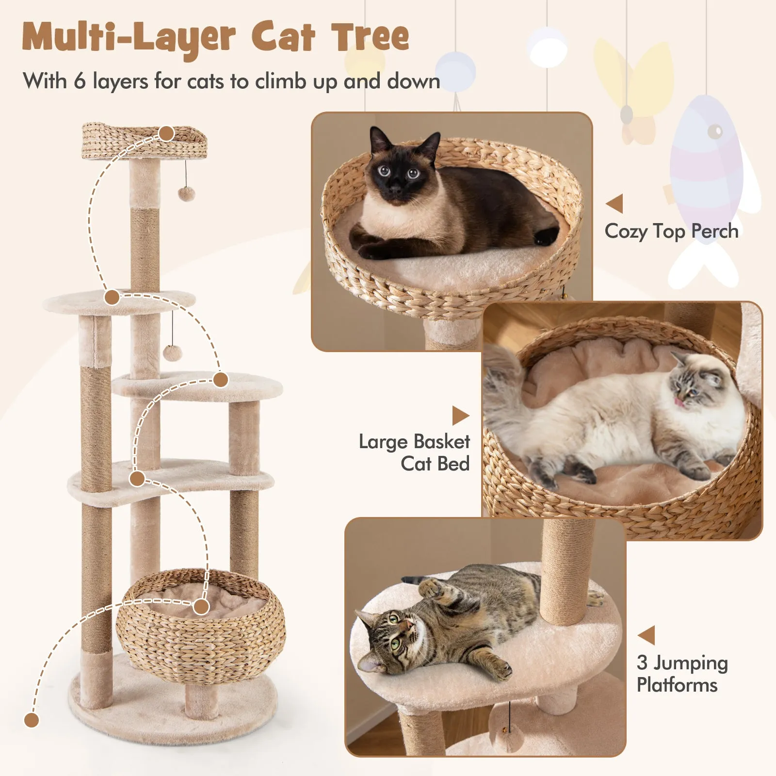 164 cm Cat Tree with Jute Scratching Posts and Dangling Balls-Beige