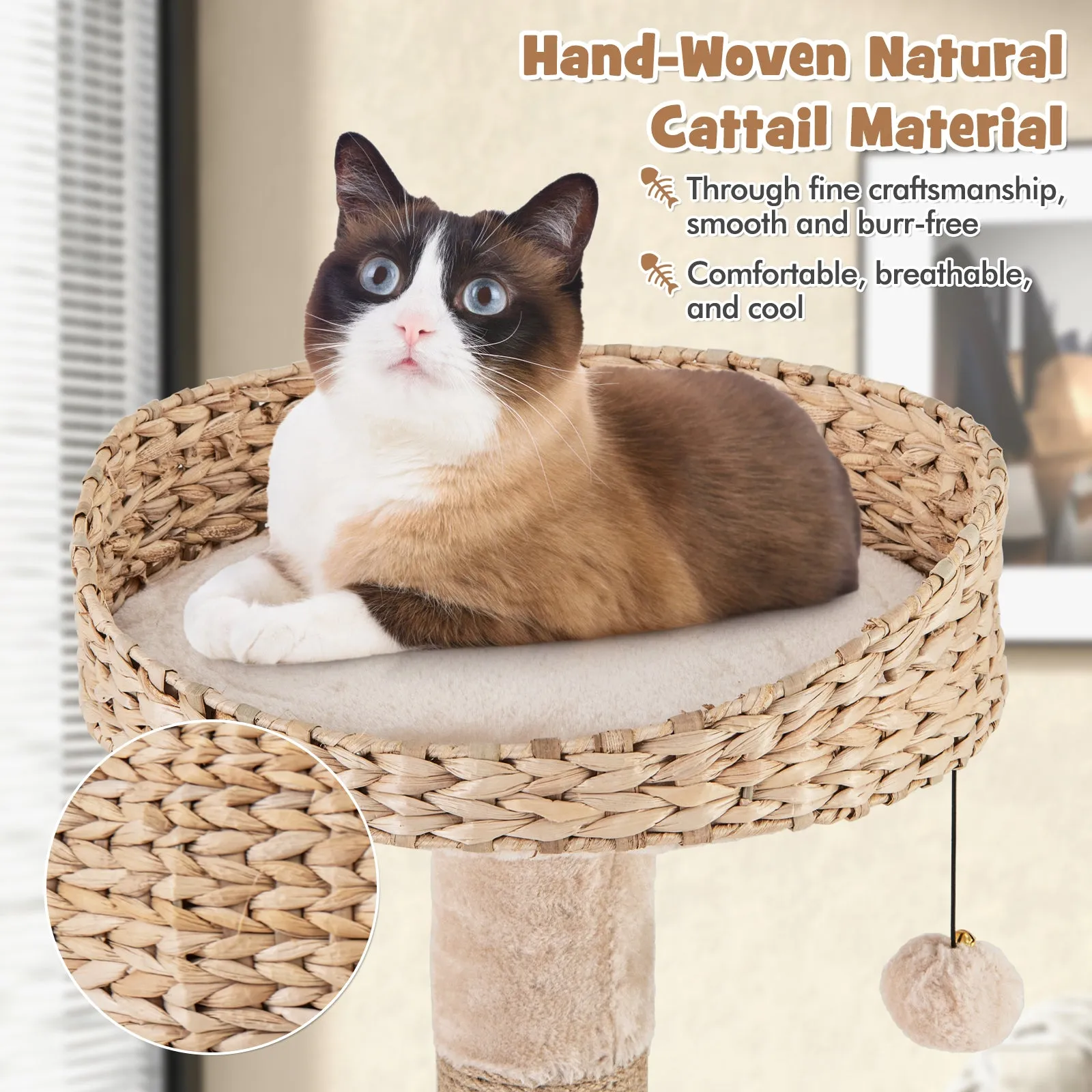 164 cm Cat Tree with Jute Scratching Posts and Dangling Balls-Beige