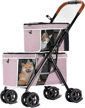 2 layers pet stroller for dogs and cats,4 wheels pet pram cart with mesh window and door,foldable pet trolley,swivel front wheel,rear wheel with foot brakes