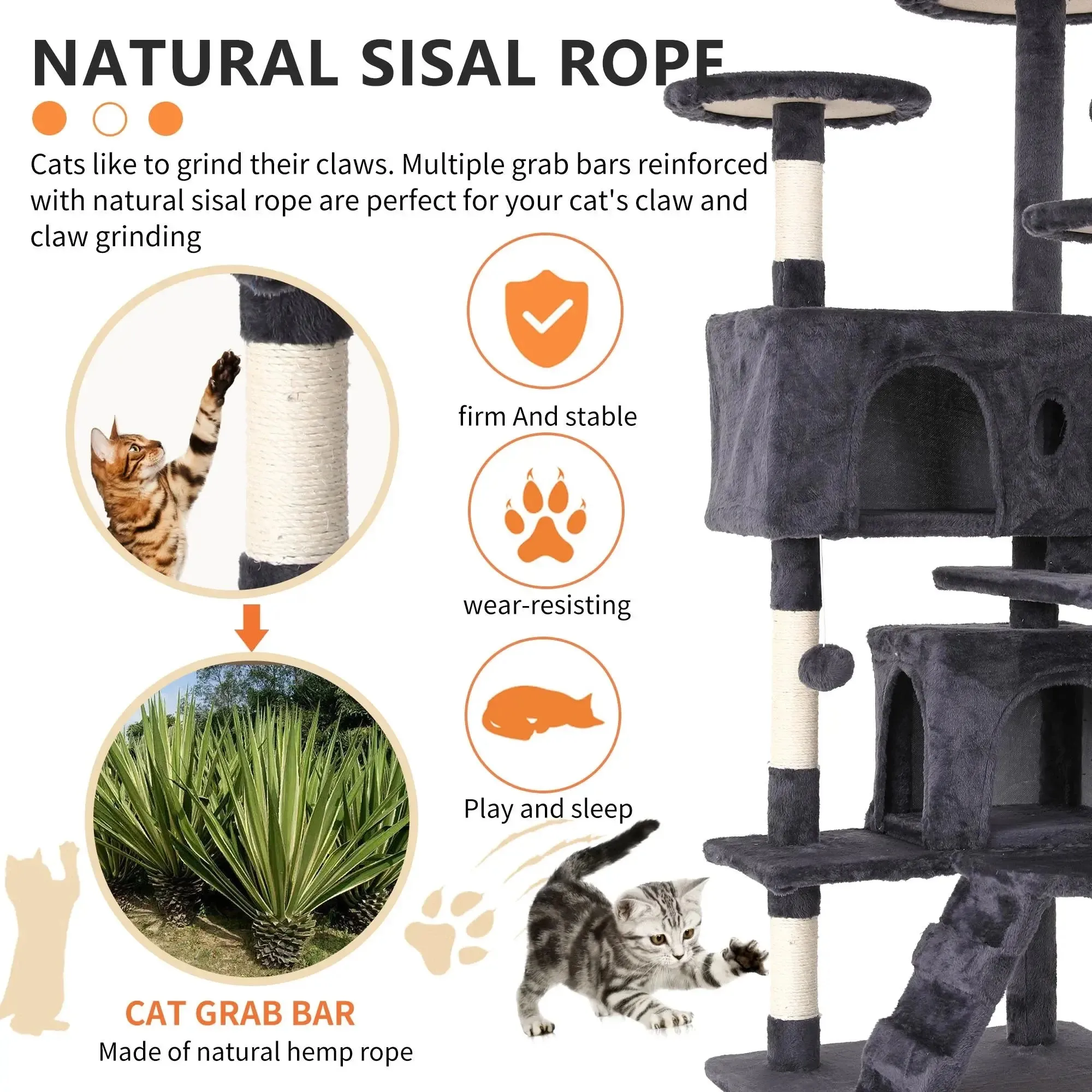 54-In Double Condo Cat Tree Tower Playhouse with Scratching Post & Perch for Indoor, Navy Blue