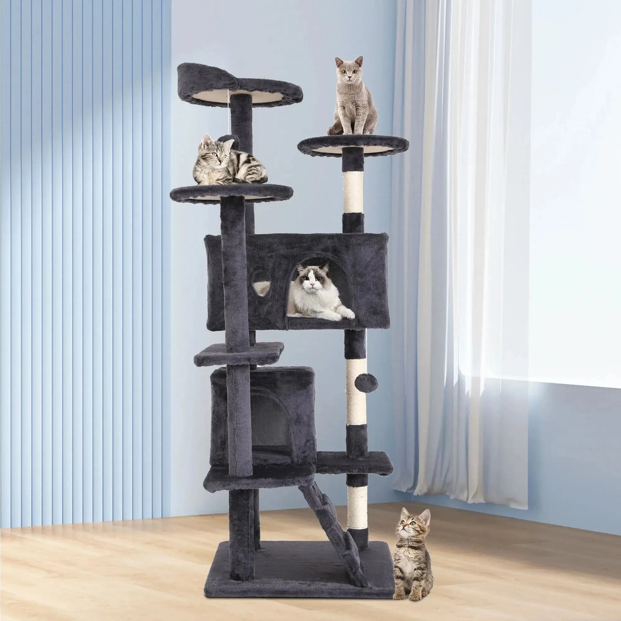 54-In Double Condo Cat Tree Tower Playhouse with Scratching Post & Perch for Indoor, Navy Blue