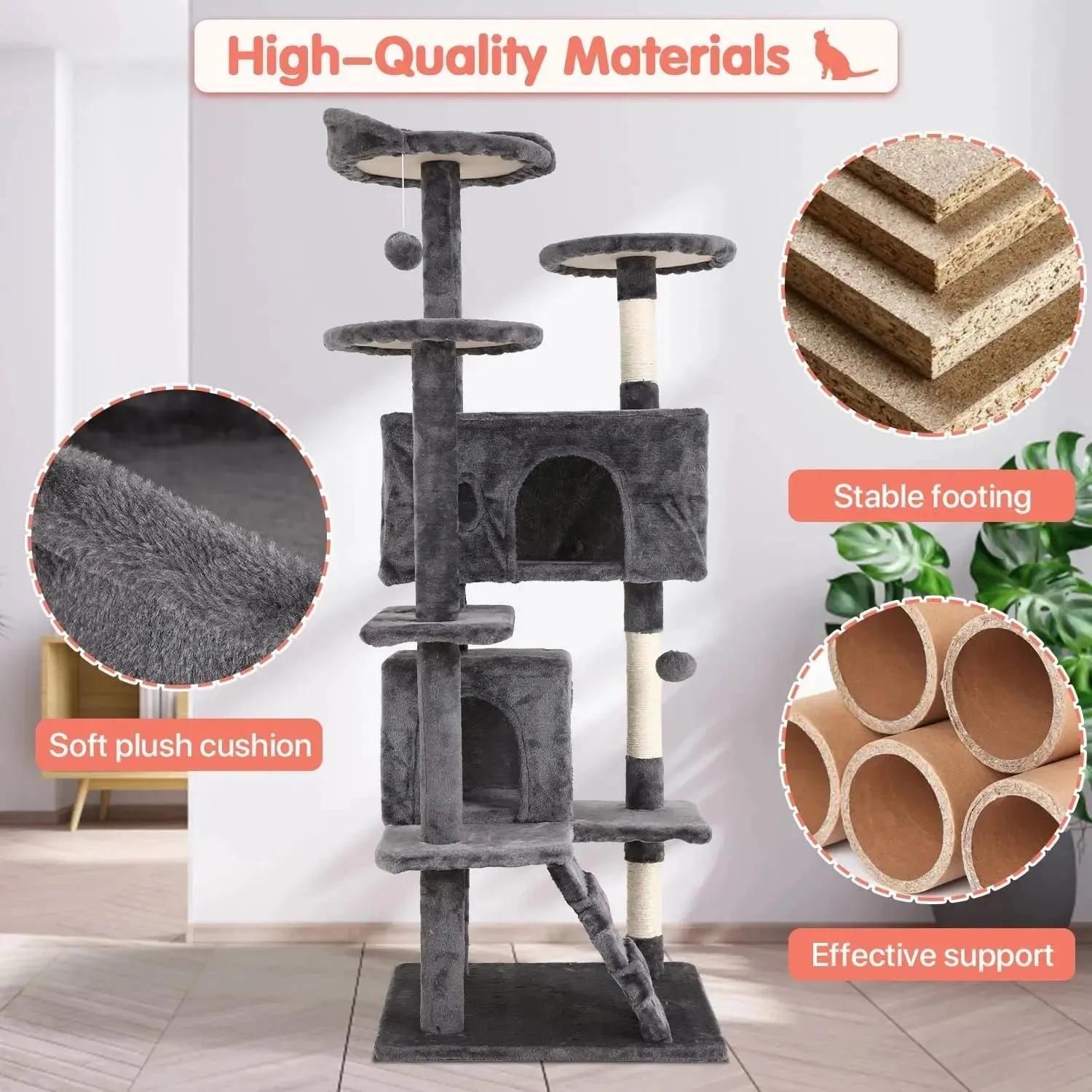 54-In Double Condo Cat Tree Tower Playhouse with Scratching Post & Perch for Indoor, Navy Blue