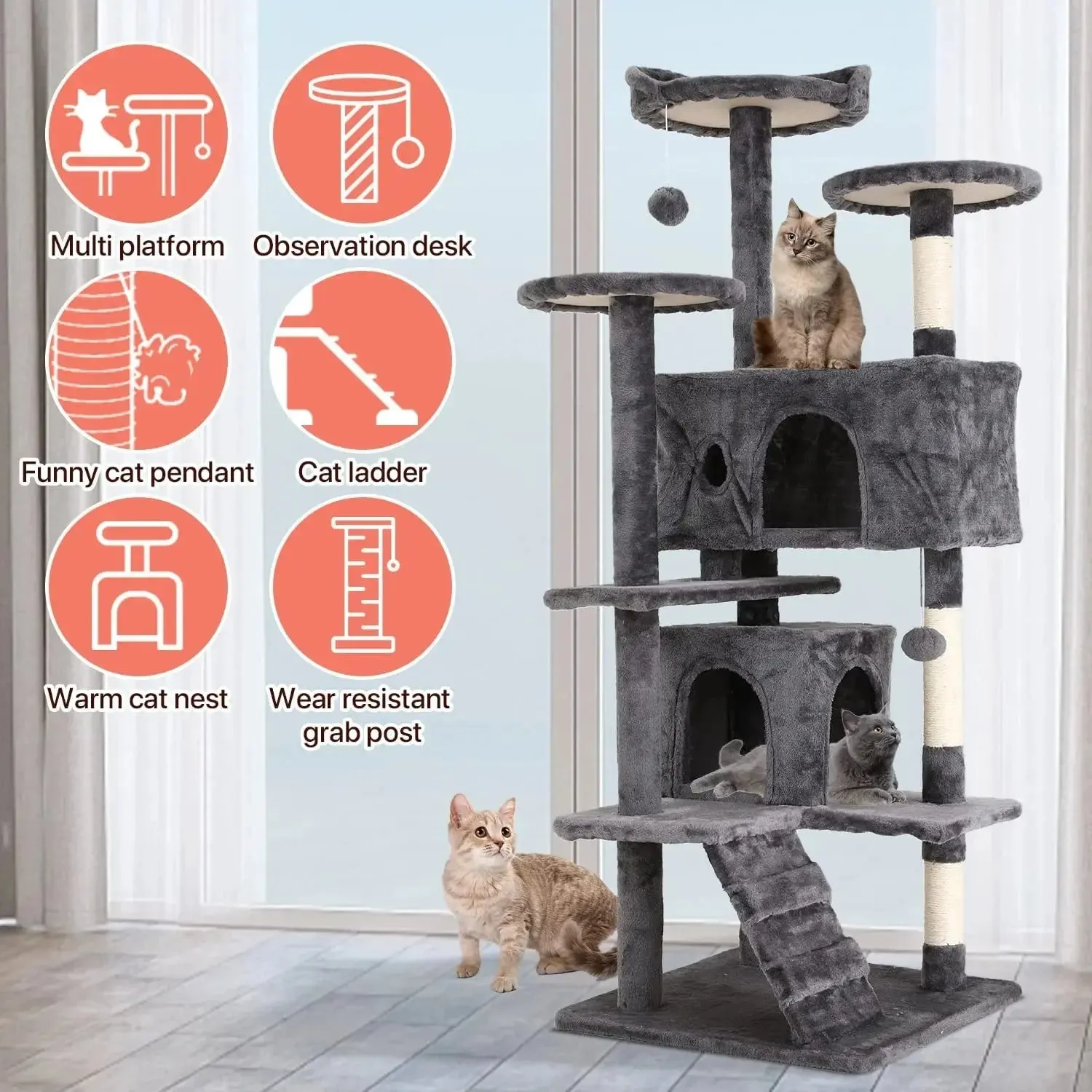 54-In Double Condo Cat Tree Tower Playhouse with Scratching Post & Perch for Indoor, Navy Blue