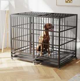 54/48/42/38 inch Heavy Duty Indestructible and Escape-Proof Dog Crate Cage Kennel for Large Dogs, High Anxiety Dog Crate with Removable Wire Trays and Wheels, Extra Large XL XXL