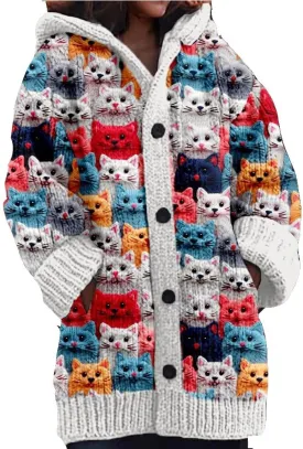 Aimery Cute Cat Pattern Knit Hooded Cardigan Cat Sweaters For Women Vintage Cat Cardigan For Women Lover Gift
