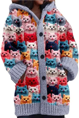 Aimery Cute Cat Pattern Knit Hooded Cardigan Cat Sweaters For Women Vintage Cat Cardigan For Women Lover Gift