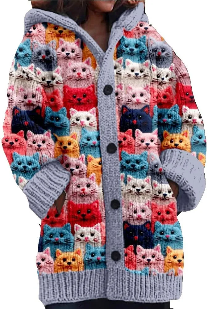 Aimery Cute Cat Pattern Knit Hooded Cardigan Cat Sweaters For Women Vintage Cat Cardigan For Women Lover Gift