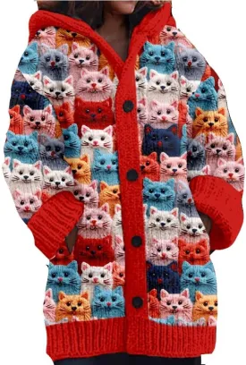 Aimery Cute Cat Pattern Knit Hooded Cardigan Cat Sweaters For Women Vintage Cat Cardigan For Women Lover Gift