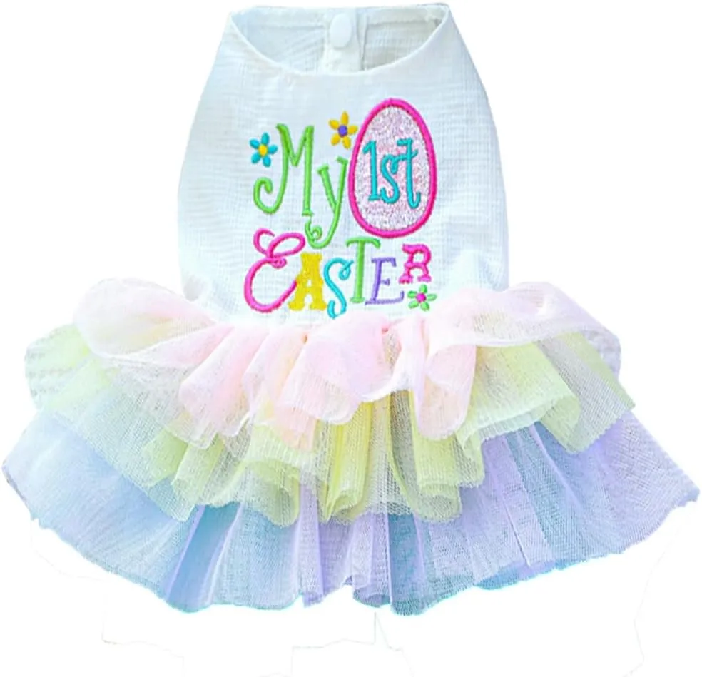ANIAC Happy 1st Easter Dog Dress Girl Holiday Puppy Clothes for Small Dog Easter Cat Outfit Eggs Print Rainbow Doggy Princess Tutu Dress Pet Clothing (X-Small)