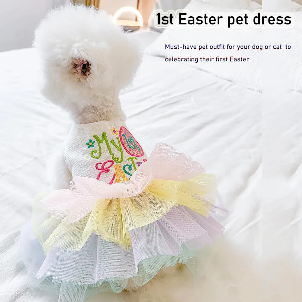 ANIAC Happy 1st Easter Dog Dress Girl Holiday Puppy Clothes for Small Dog Easter Cat Outfit Eggs Print Rainbow Doggy Princess Tutu Dress Pet Clothing (X-Small)
