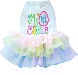 ANIAC Happy 1st Easter Dog Dress Girl Holiday Puppy Clothes for Small Dog Easter Cat Outfit Eggs Print Rainbow Doggy Princess Tutu Dress Pet Clothing (X-Small)