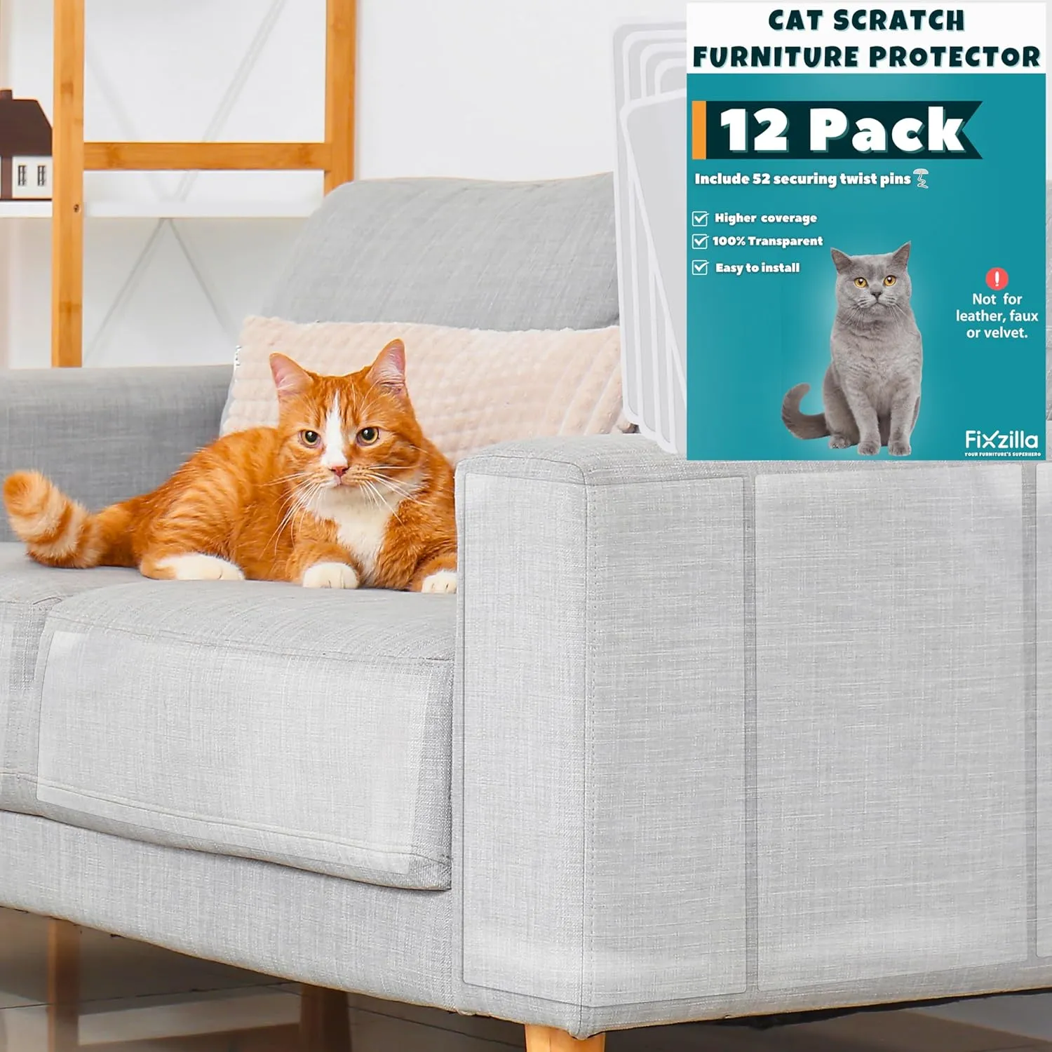 Anti Cat Scratch Furniture Protector, 12-Pack Couch Protector from Cat Claws  Heavy-Duty, Easy-to-Apply Scratching Deterrent and Shield for Sofa Corners, Walls, Doors- with 52 Twist Pins