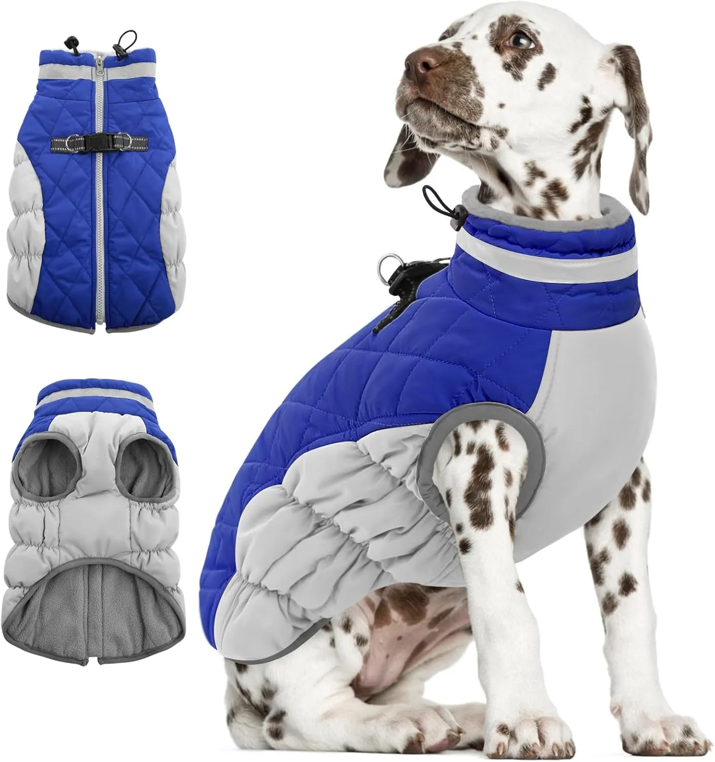 AOFITEE Dog Winter Coat, Warm Fleece Lining, Water Resistant, Reflective Turtleneck, Harness Built-in, Blue XS