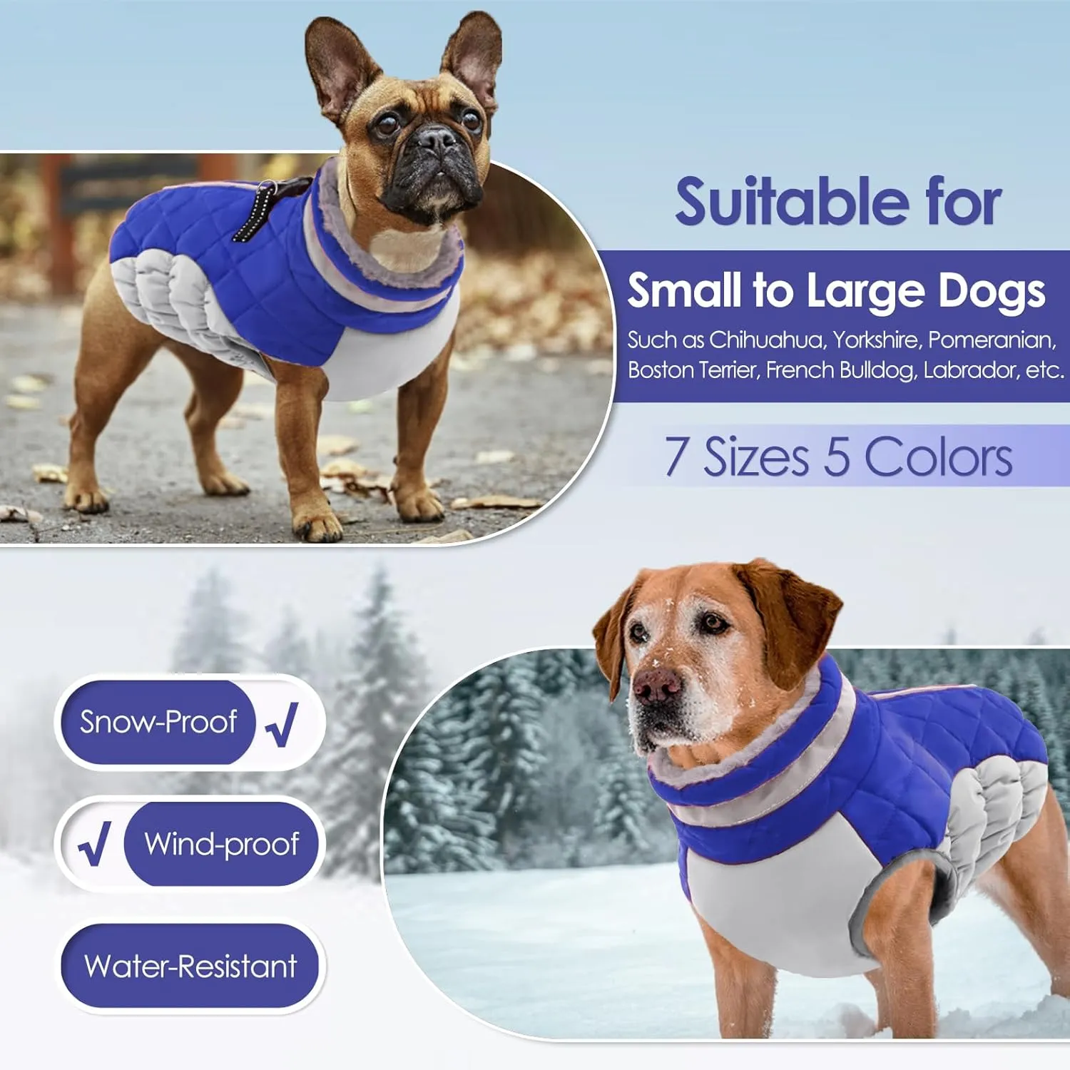 AOFITEE Dog Winter Coat, Warm Fleece Lining, Water Resistant, Reflective Turtleneck, Harness Built-in, Blue XS