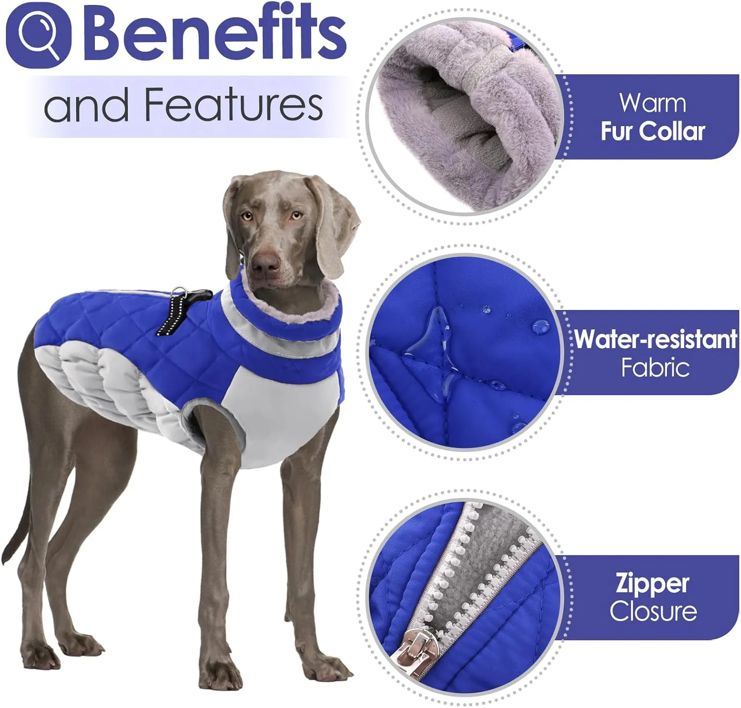 AOFITEE Dog Winter Coat, Warm Fleece Lining, Water Resistant, Reflective Turtleneck, Harness Built-in, Blue XS