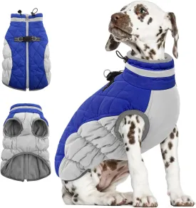 AOFITEE Dog Winter Coat, Warm Fleece Lining, Water Resistant, Reflective Turtleneck, Harness Built-in, Blue XS