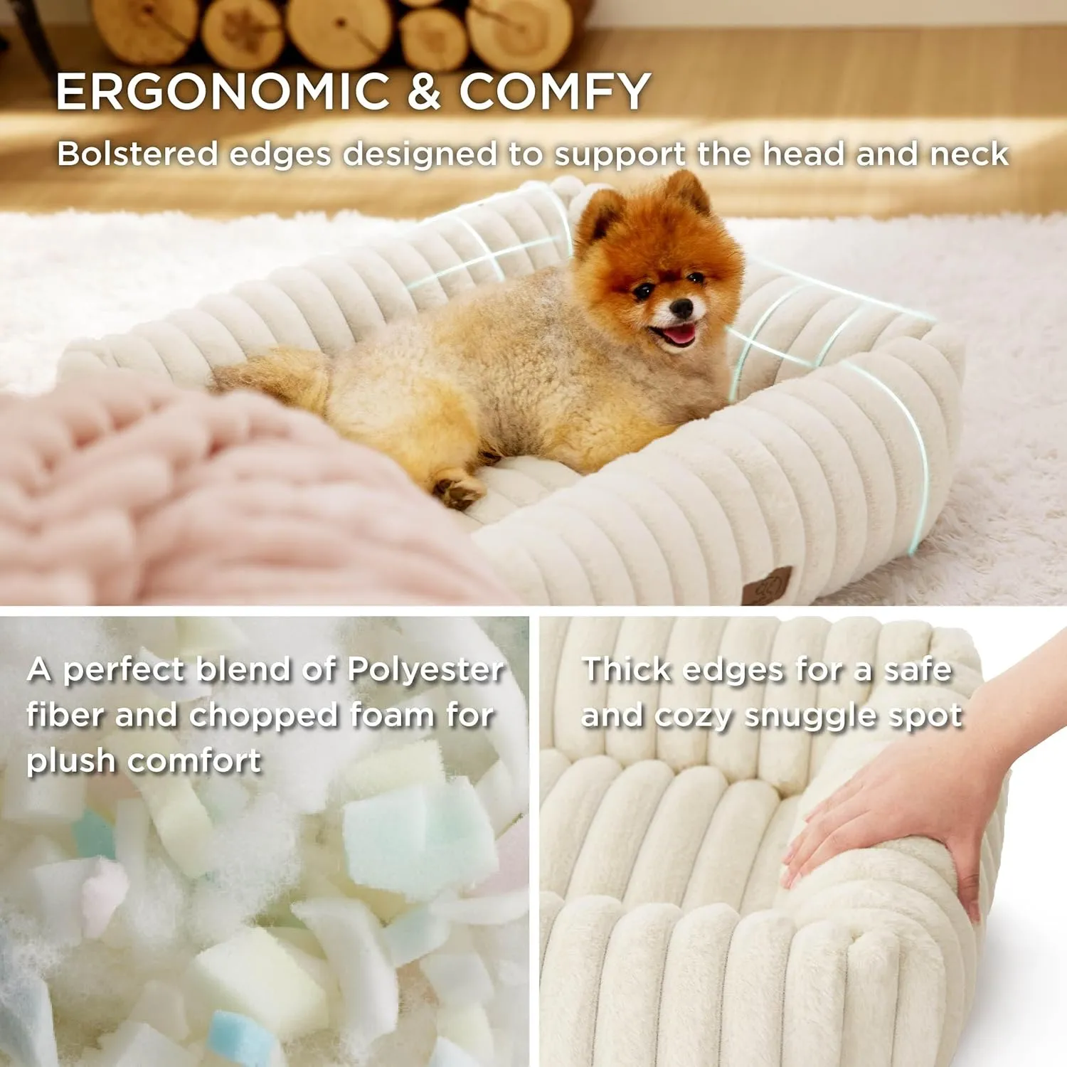 Bedsure Cute Dog Bed for Small Medium Dogs - Washable Furry Puppy Beds, Rectangle Orthopedic Corduroy Fleece Pet Beds with Removable Zipper Cover, 25x21x7inches, Cream