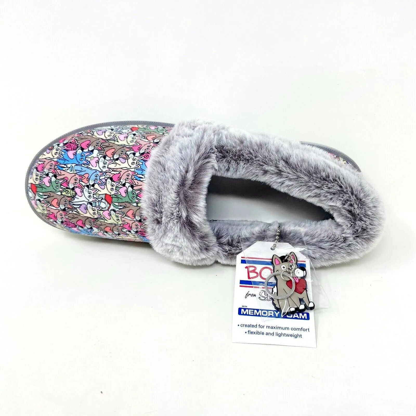 Bobs Skechers Too Cozy Paws Dog Forever Gray Womens Memory Foam Slippers