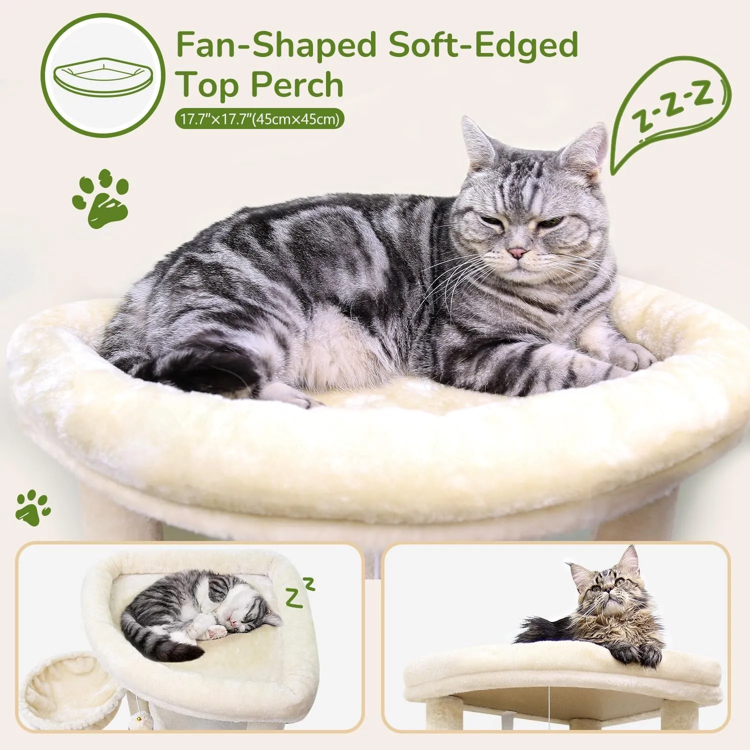 C51 Corner Cat Tree for Large Cats, 51in Curved Series Modern Cat Tower for Indoor Cats with Hammock, 7 Sisal Scratching Posts, Large Fan-Shaped Platform, Cat Condo & Hanging Basket, Beige