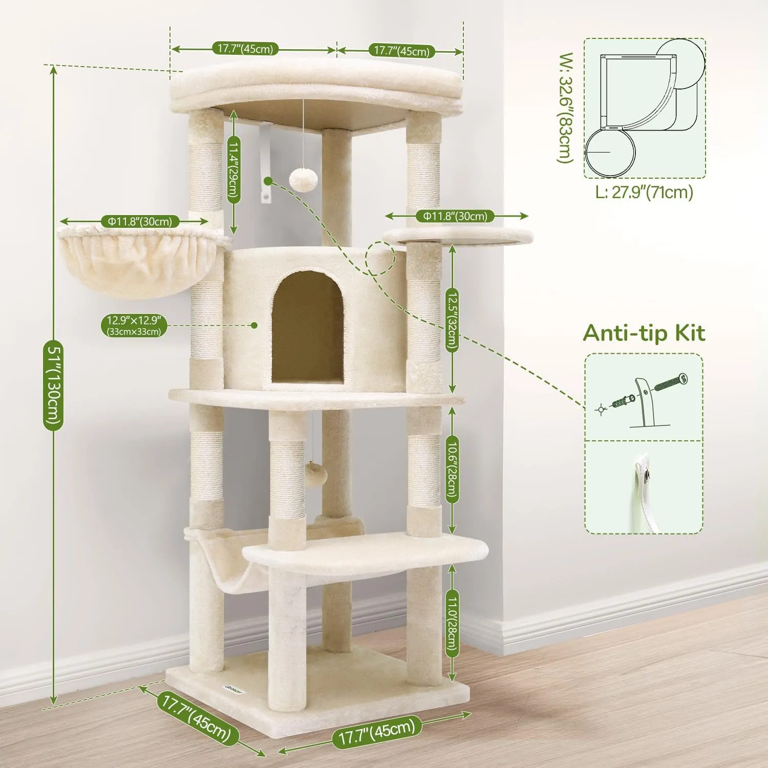 C51 Corner Cat Tree for Large Cats, 51in Curved Series Modern Cat Tower for Indoor Cats with Hammock, 7 Sisal Scratching Posts, Large Fan-Shaped Platform, Cat Condo & Hanging Basket, Beige