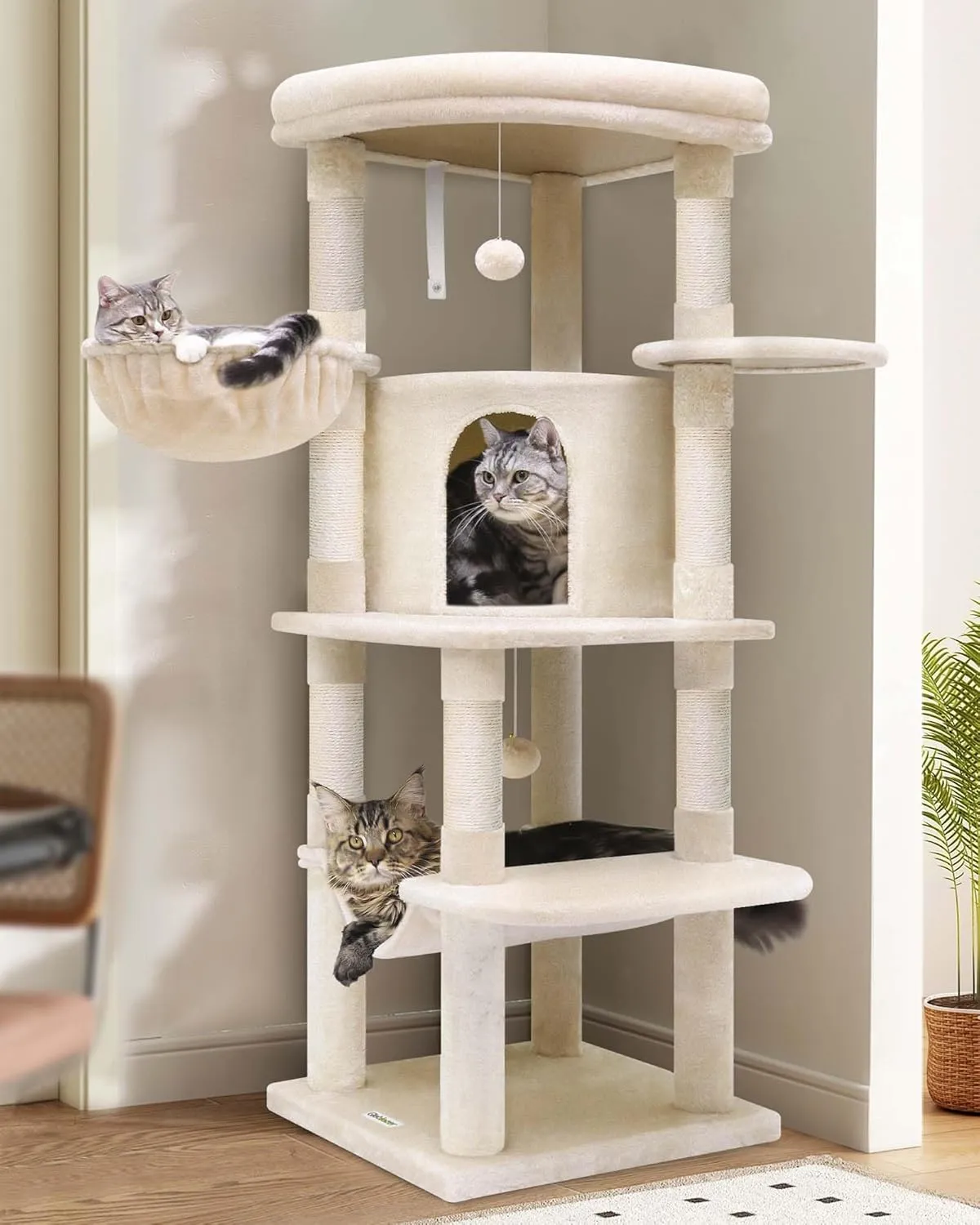 C51 Corner Cat Tree for Large Cats, 51in Curved Series Modern Cat Tower for Indoor Cats with Hammock, 7 Sisal Scratching Posts, Large Fan-Shaped Platform, Cat Condo & Hanging Basket, Beige