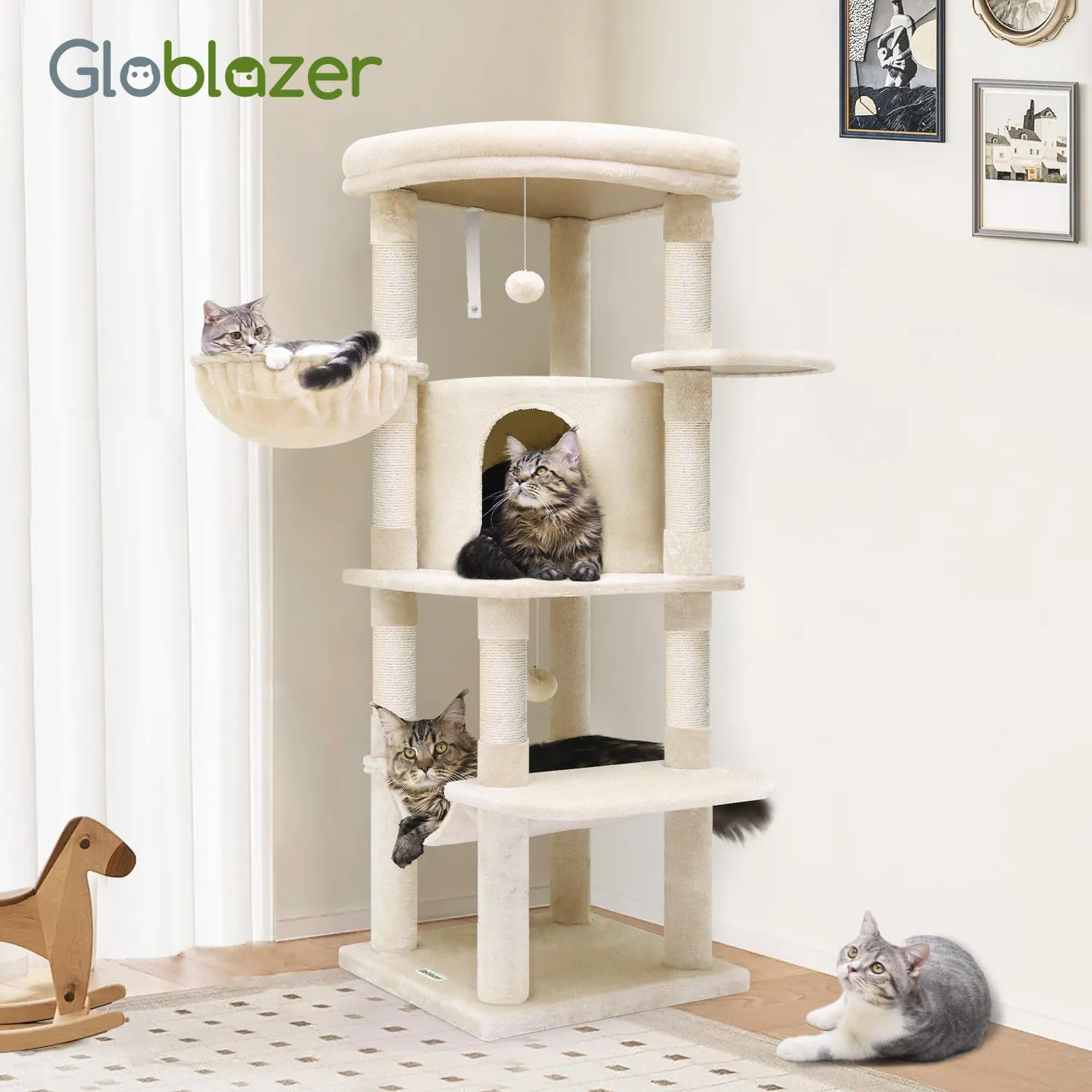 C51 Corner Cat Tree for Large Cats, 51in Curved Series Modern Cat Tower for Indoor Cats with Hammock, 7 Sisal Scratching Posts, Large Fan-Shaped Platform, Cat Condo & Hanging Basket, Beige