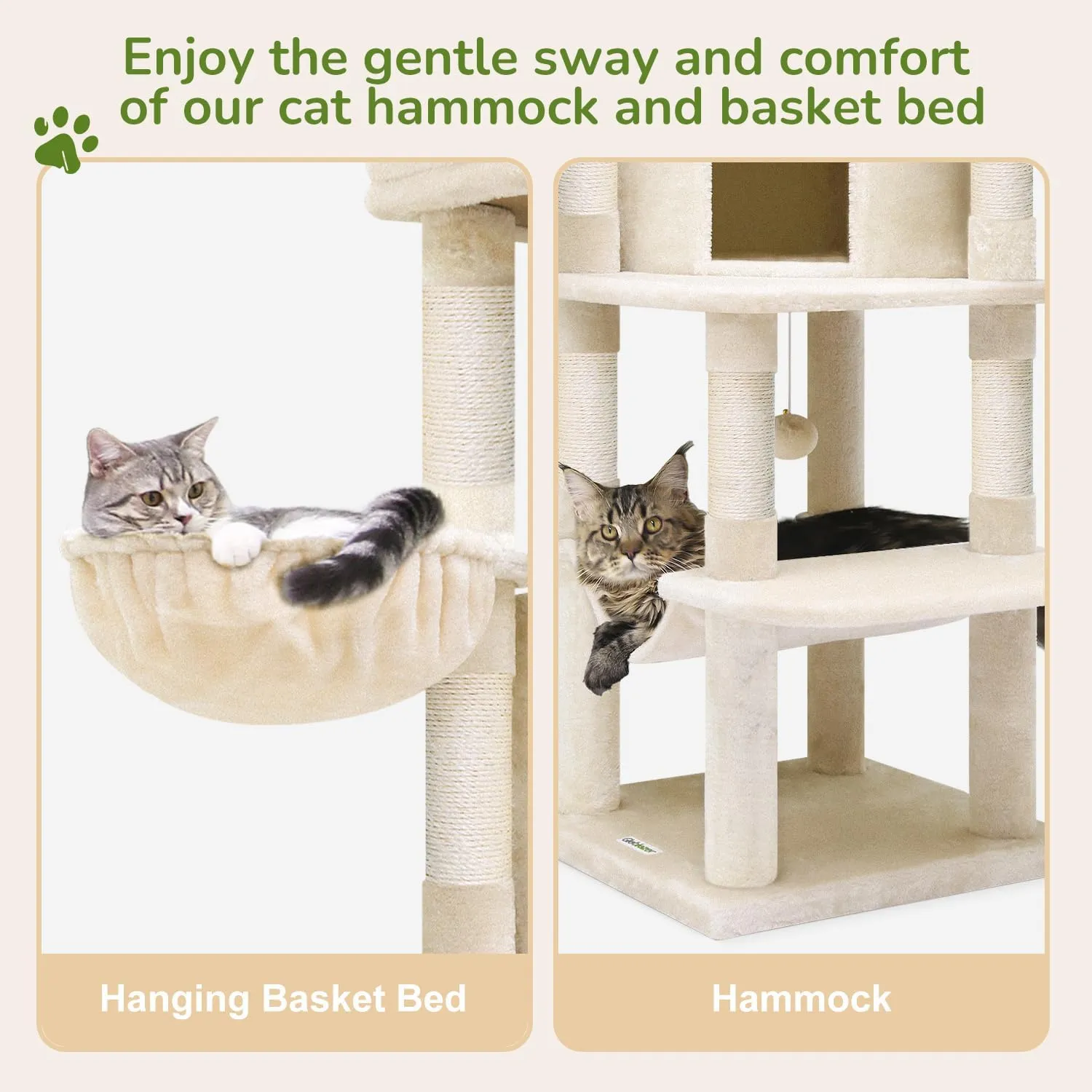 C51 Corner Cat Tree for Large Cats, 51in Curved Series Modern Cat Tower for Indoor Cats with Hammock, 7 Sisal Scratching Posts, Large Fan-Shaped Platform, Cat Condo & Hanging Basket, Beige