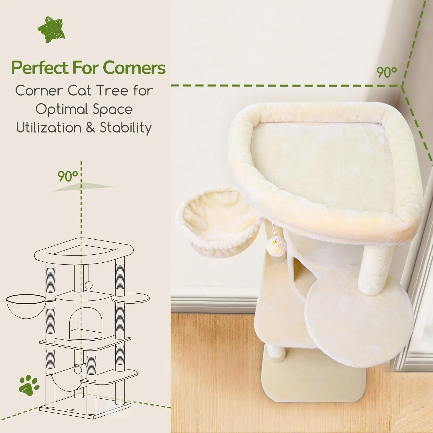 C51 Corner Cat Tree for Large Cats, 51in Curved Series Modern Cat Tower for Indoor Cats with Hammock, 7 Sisal Scratching Posts, Large Fan-Shaped Platform, Cat Condo & Hanging Basket, Beige