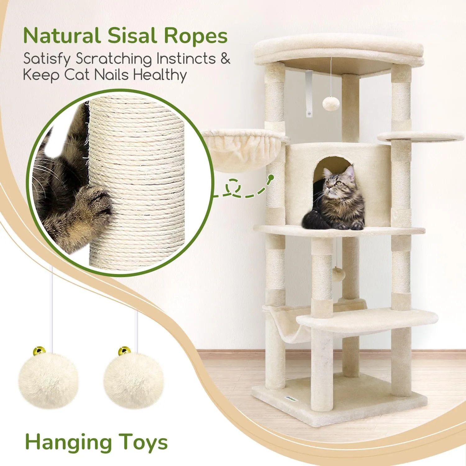 C51 Corner Cat Tree for Large Cats, 51in Curved Series Modern Cat Tower for Indoor Cats with Hammock, 7 Sisal Scratching Posts, Large Fan-Shaped Platform, Cat Condo & Hanging Basket, Beige