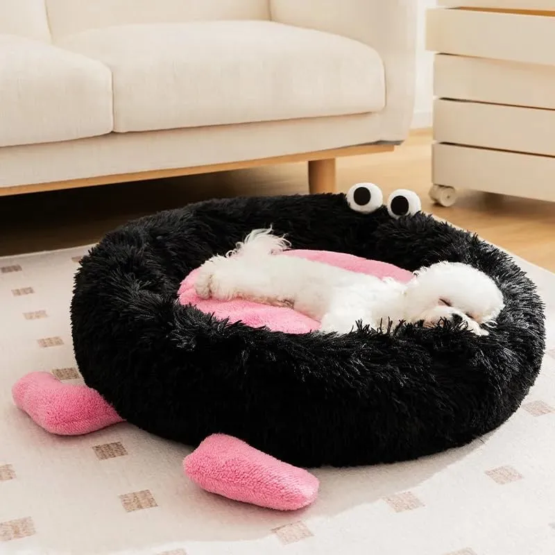 Calming Dog Cat Bed, Anti-Anxiety Donut Warming Cozy Soft Round Bed, Machine Washable, Fluffy Faux Fur Plush Cushion Bed for Small Medium Dogs and Cats 21.6"