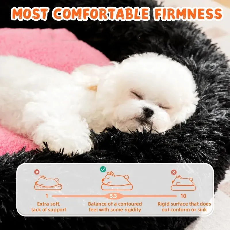 Calming Dog Cat Bed, Anti-Anxiety Donut Warming Cozy Soft Round Bed, Machine Washable, Fluffy Faux Fur Plush Cushion Bed for Small Medium Dogs and Cats 21.6"