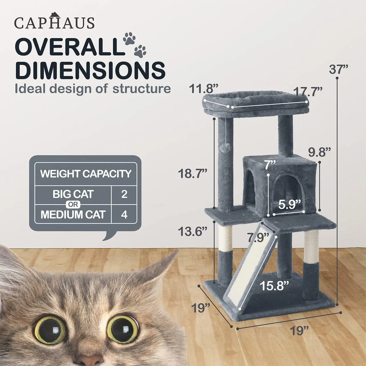 CAPHAUS Kittens Tower with 2-Door Large Cave Condo, Activity Indoor Cat Tree with Large Widened Perch, Multi-Level with Cute Cats Scratching Posts, Modern Ramp, 37-Inch Activity Tree for Small Cats
