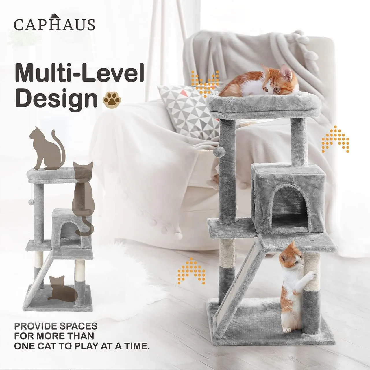 CAPHAUS Kittens Tower with 2-Door Large Cave Condo, Activity Indoor Cat Tree with Large Widened Perch, Multi-Level with Cute Cats Scratching Posts, Modern Ramp, 37-Inch Activity Tree for Small Cats