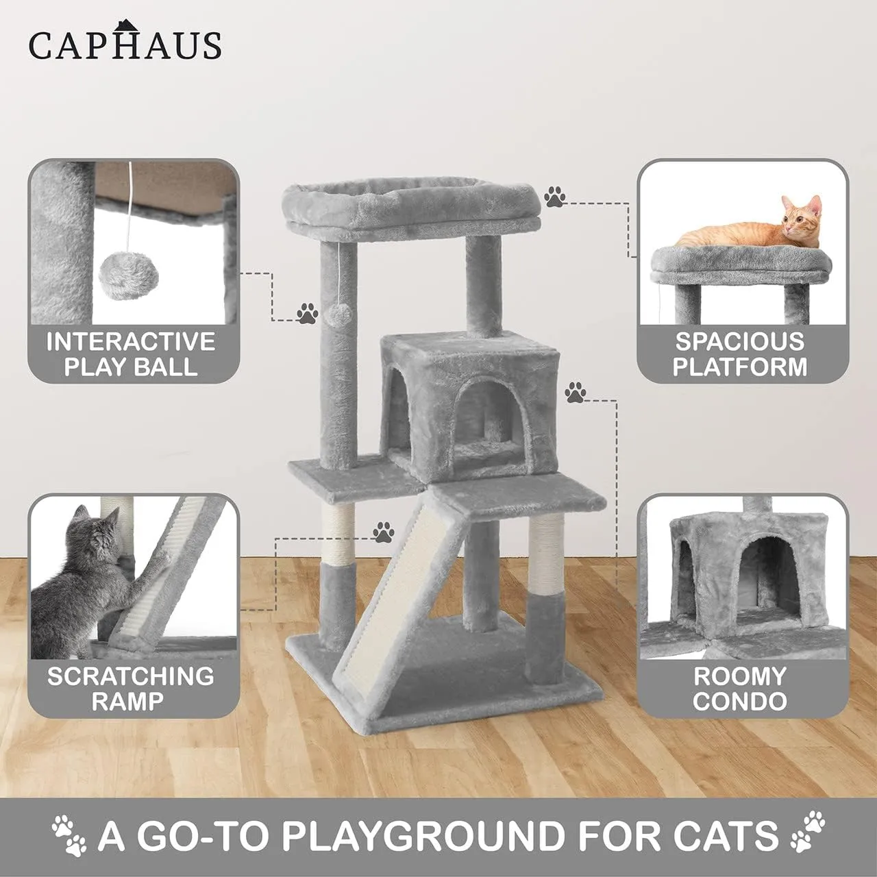CAPHAUS Kittens Tower with 2-Door Large Cave Condo, Activity Indoor Cat Tree with Large Widened Perch, Multi-Level with Cute Cats Scratching Posts, Modern Ramp, 37-Inch Activity Tree for Small Cats