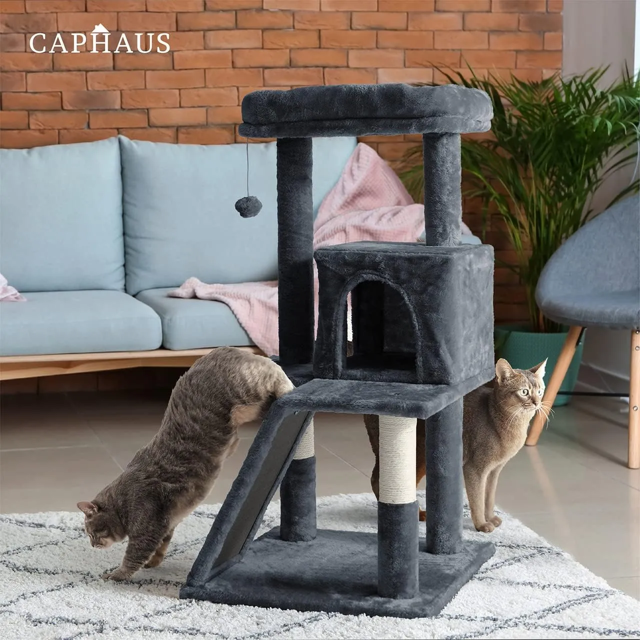 CAPHAUS Kittens Tower with 2-Door Large Cave Condo, Activity Indoor Cat Tree with Large Widened Perch, Multi-Level with Cute Cats Scratching Posts, Modern Ramp, 37-Inch Activity Tree for Small Cats