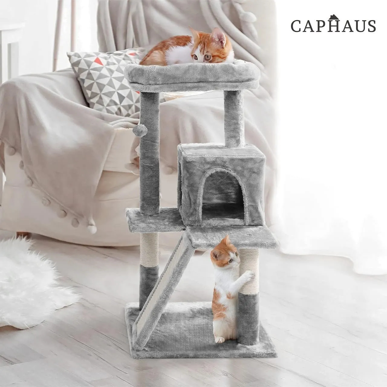 CAPHAUS Kittens Tower with 2-Door Large Cave Condo, Activity Indoor Cat Tree with Large Widened Perch, Multi-Level with Cute Cats Scratching Posts, Modern Ramp, 37-Inch Activity Tree for Small Cats