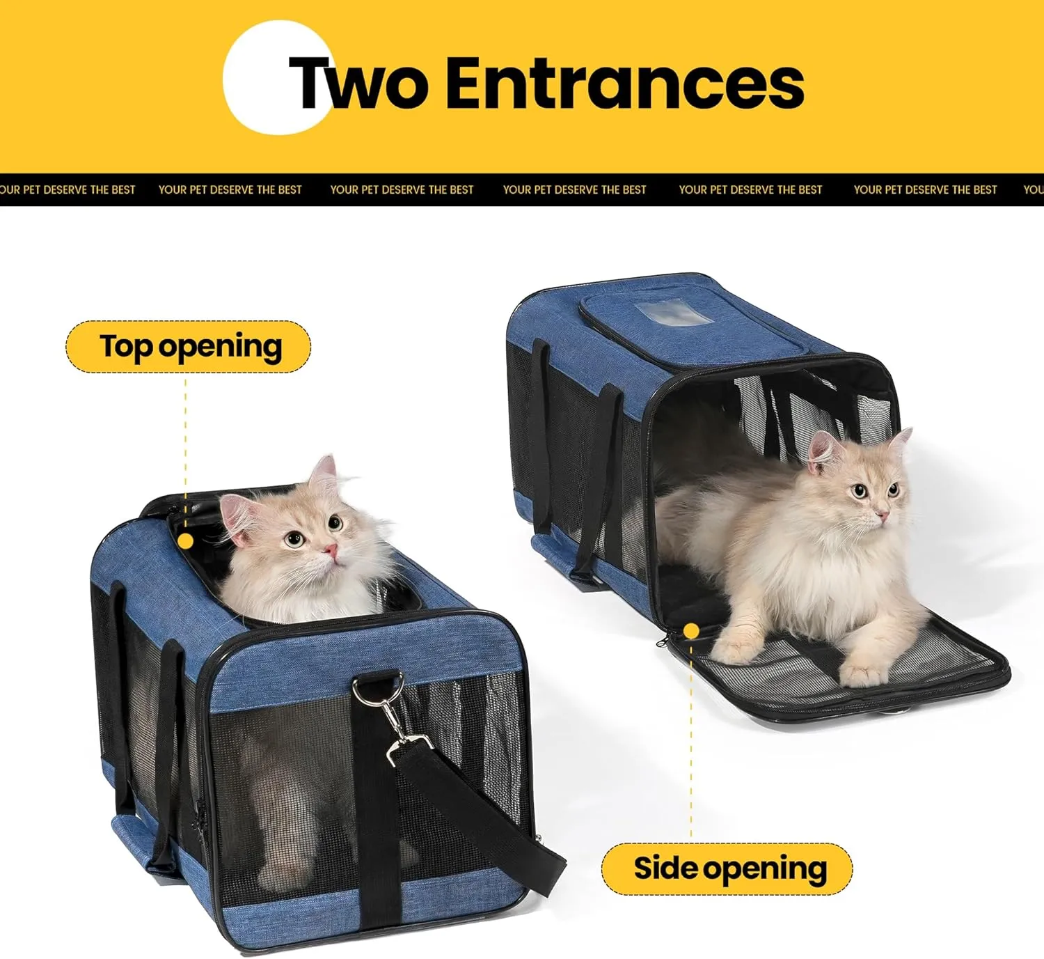 Cat Carrier Airline Approved, Soft-Sided Dog Carrier with Inner Safety Leash, Pet Transport Carrier for Small-Medium Cats Puppies up to 15 Lbs, Collapsible Travel Kitten Carrier Bag -Blue M